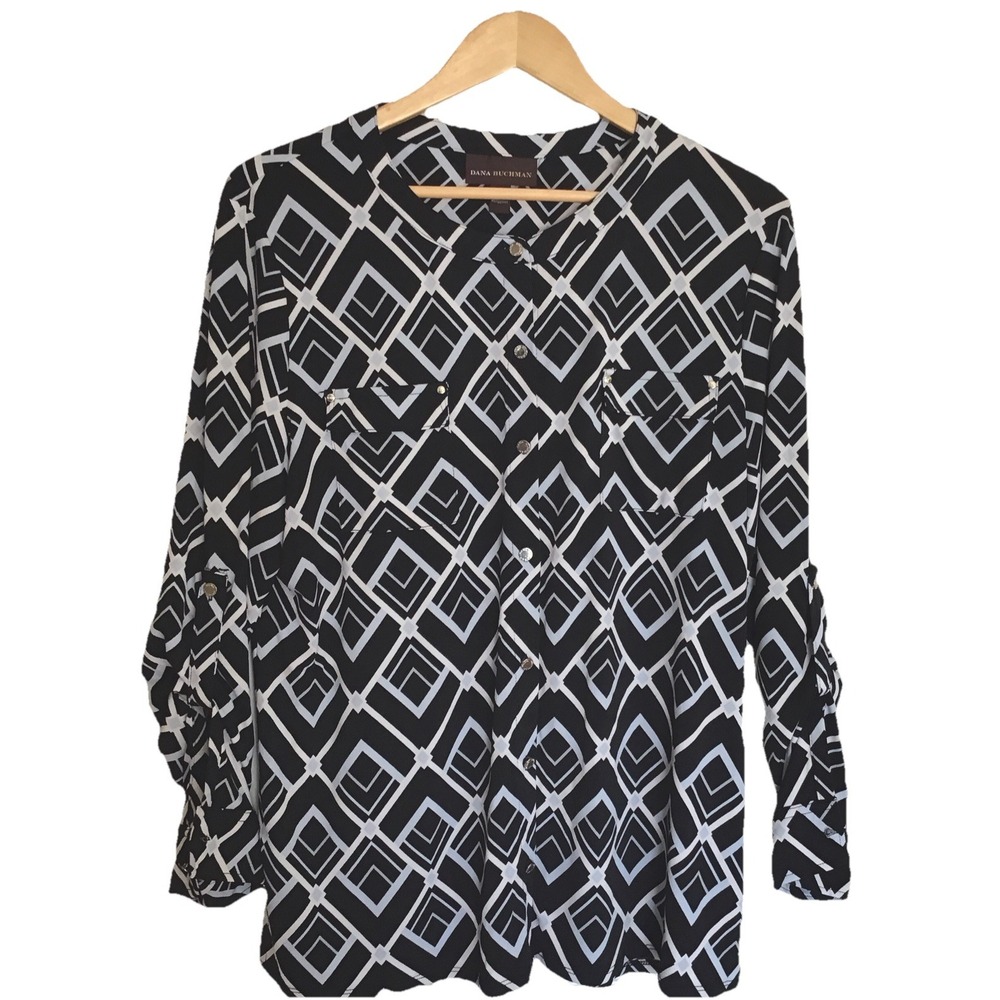 Dana Buchman Button Up Blouse Long Tab Sleeve Black White Size XL